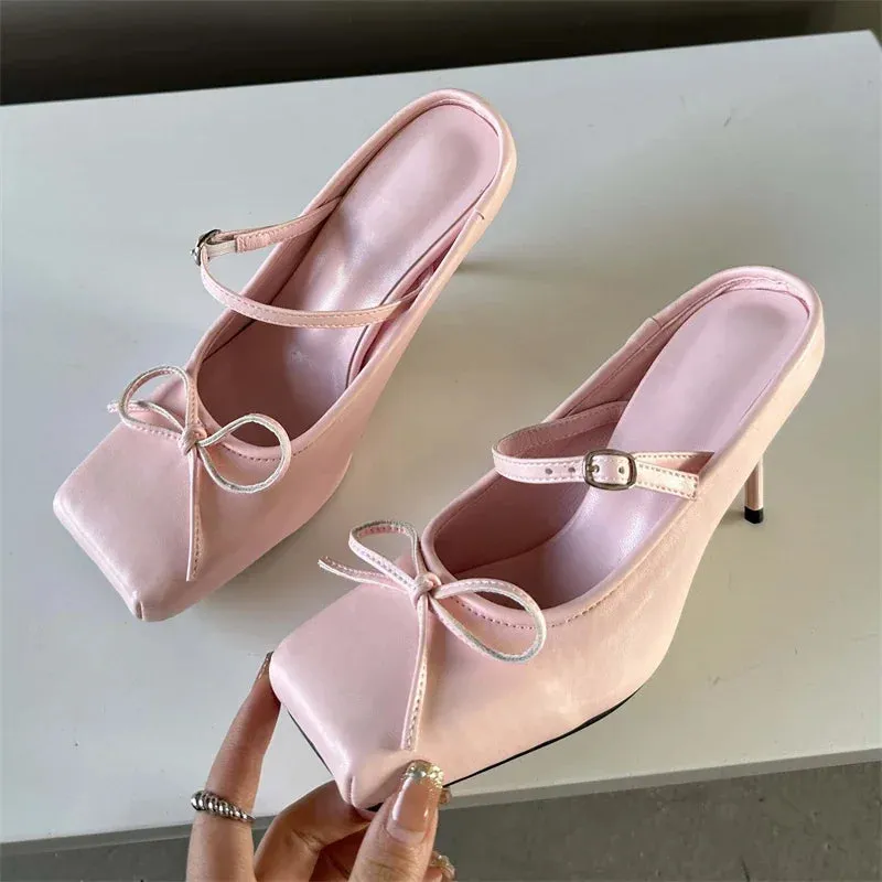 Advbridge  Spring Bowknot Square Toe Women Slippers Sexy Buckle Strap Thin High Heels Prom Mule Pumps Shoes Zapatos De Mujer