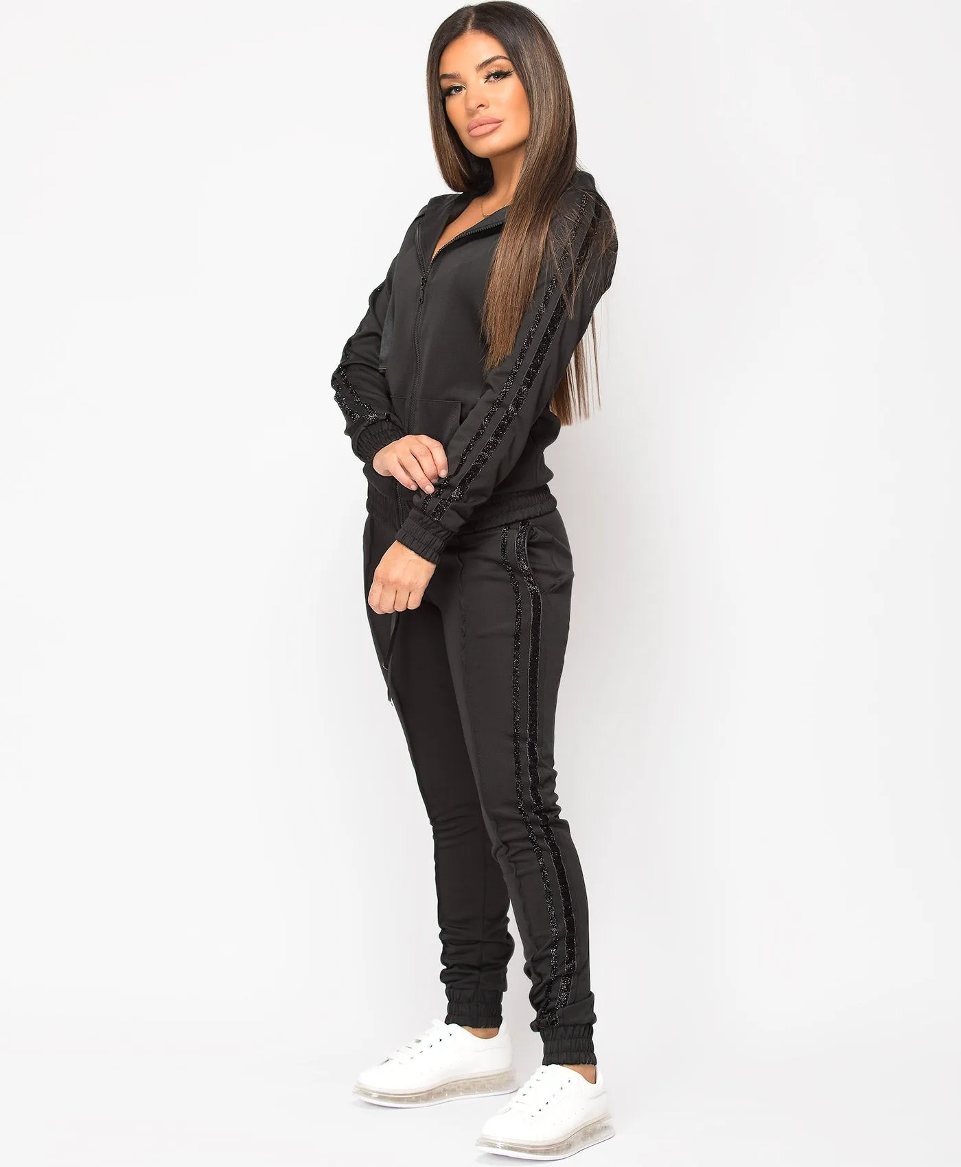 Black Glitter Side Stripe Hooded Loungewear Set