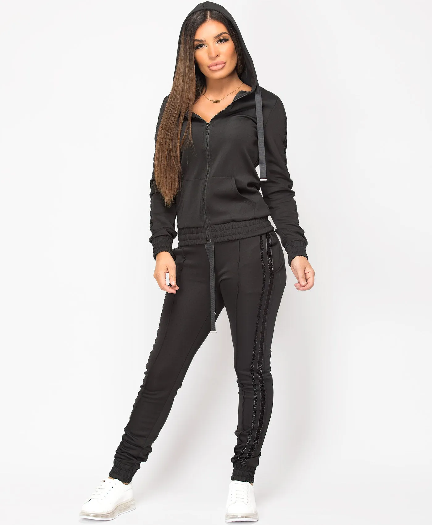 Black Glitter Side Stripe Hooded Loungewear Set