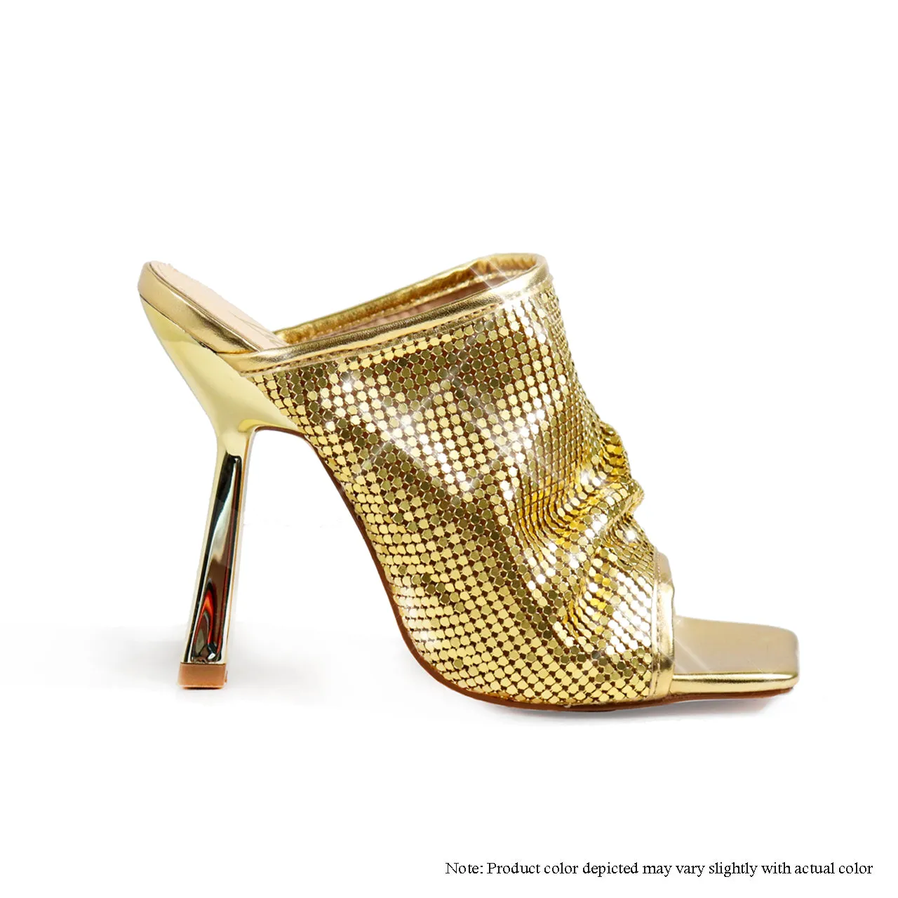 CHLOE-6 DRAPERY EFFECT CHAINMAIL MULE HEEL - GOLD