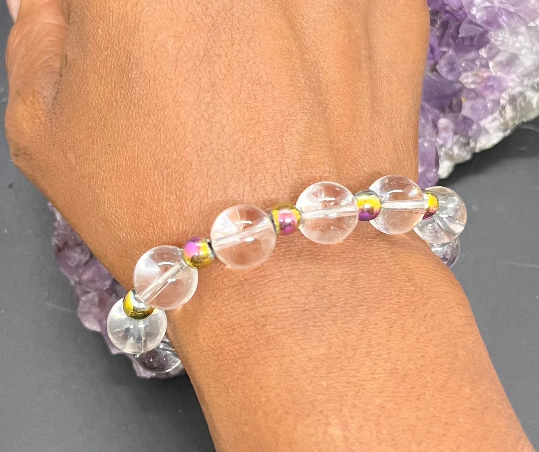Clear Quartz 12mm and Gemstones Stretchy Bracelet