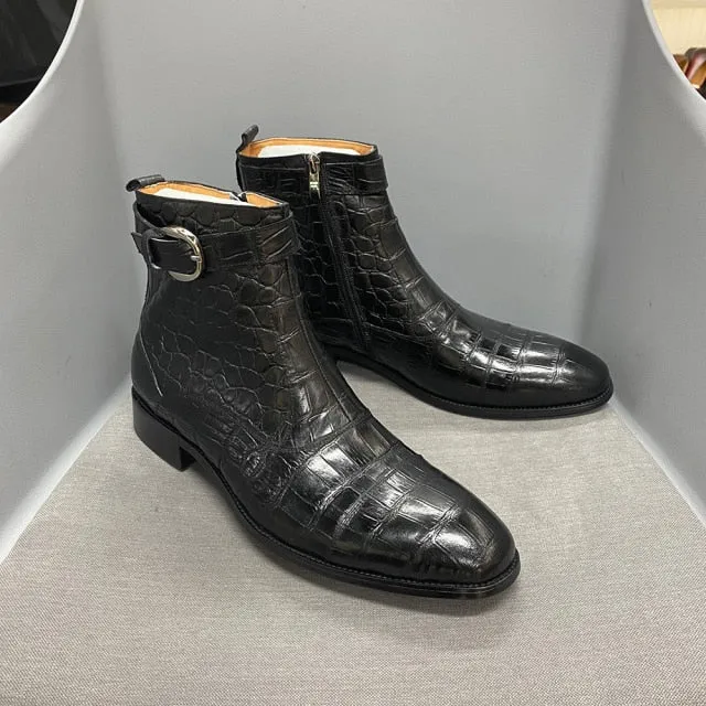 CrocoLuxe Zip Buckle Pointed Toe Leather Ankle Boots