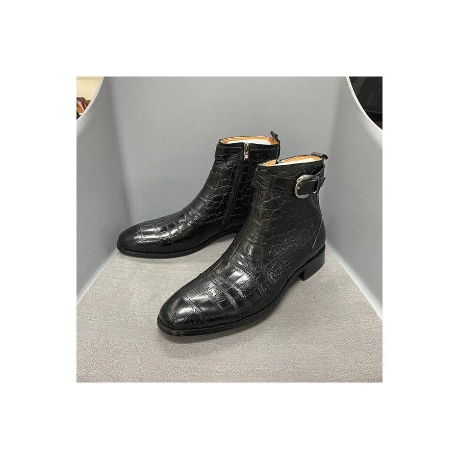 CrocoLuxe Zip Buckle Pointed Toe Leather Ankle Boots