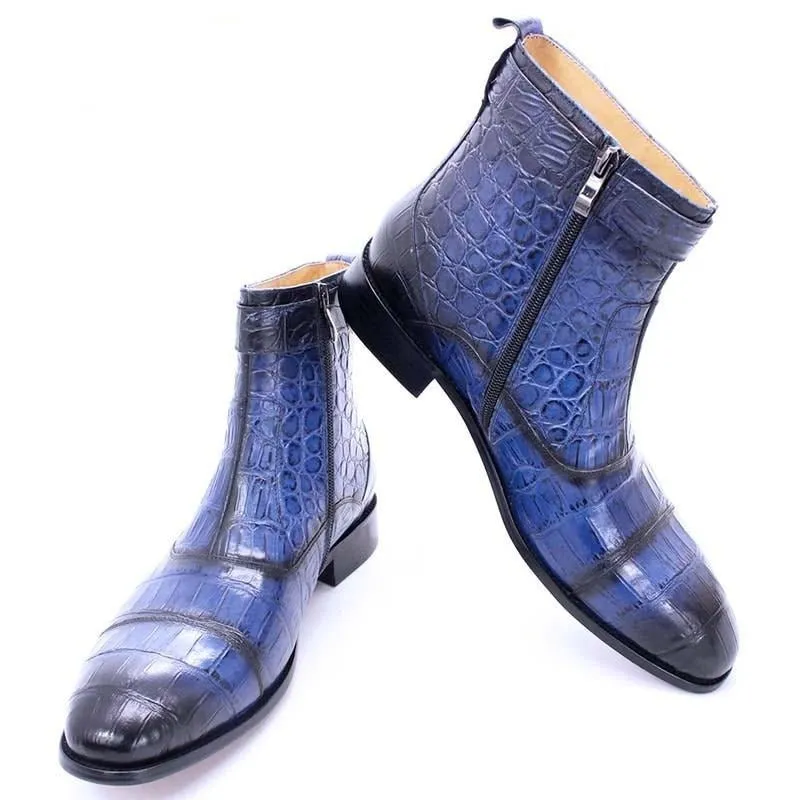 CrocoLuxe Zip Buckle Pointed Toe Leather Ankle Boots