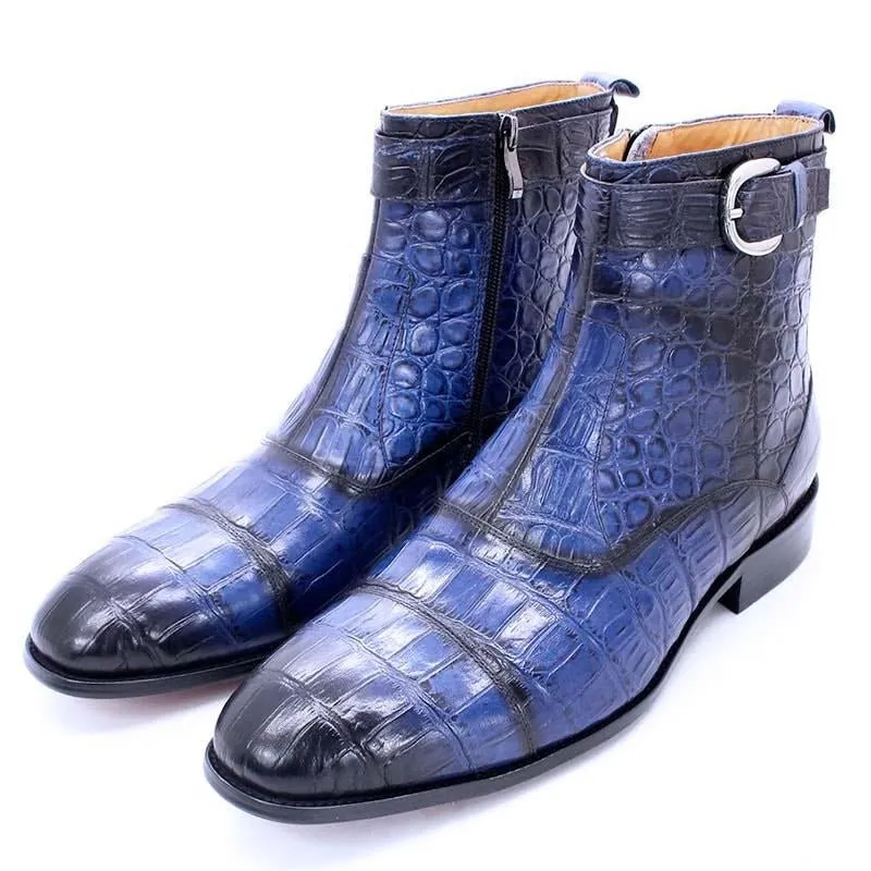 CrocoLuxe Zip Buckle Pointed Toe Leather Ankle Boots
