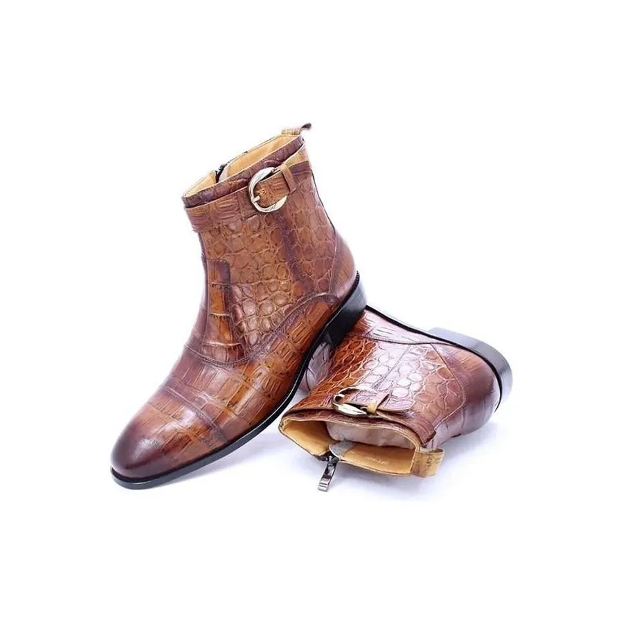 CrocoLuxe Zip Buckle Pointed Toe Leather Ankle Boots