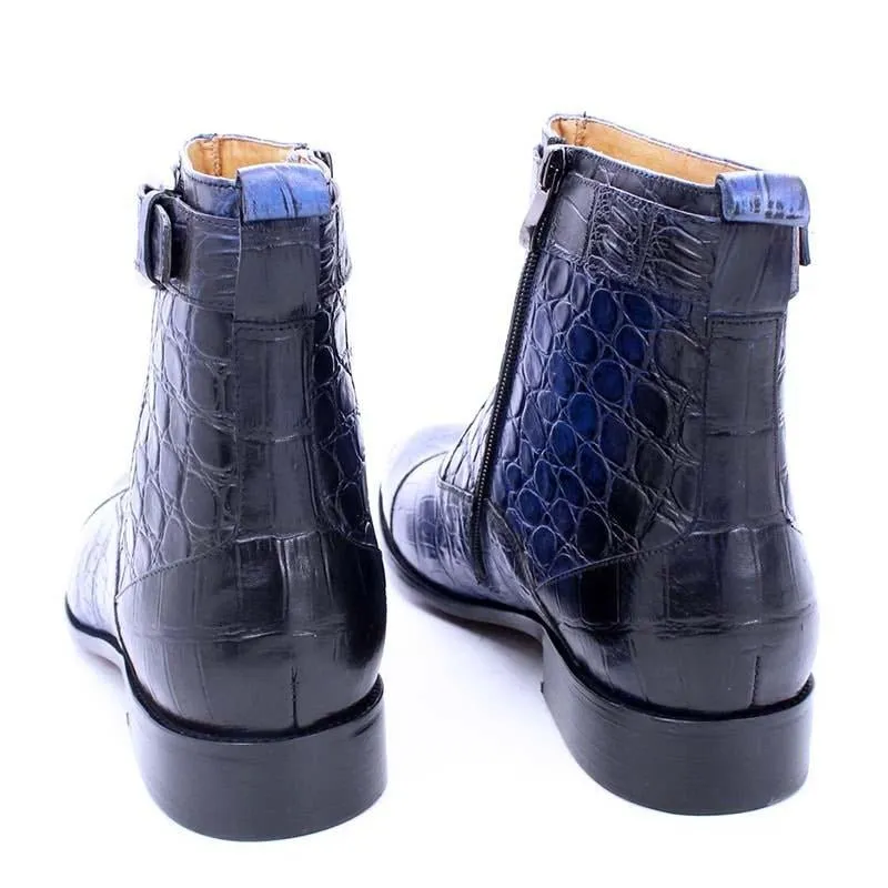 CrocoLuxe Zip Buckle Pointed Toe Leather Ankle Boots