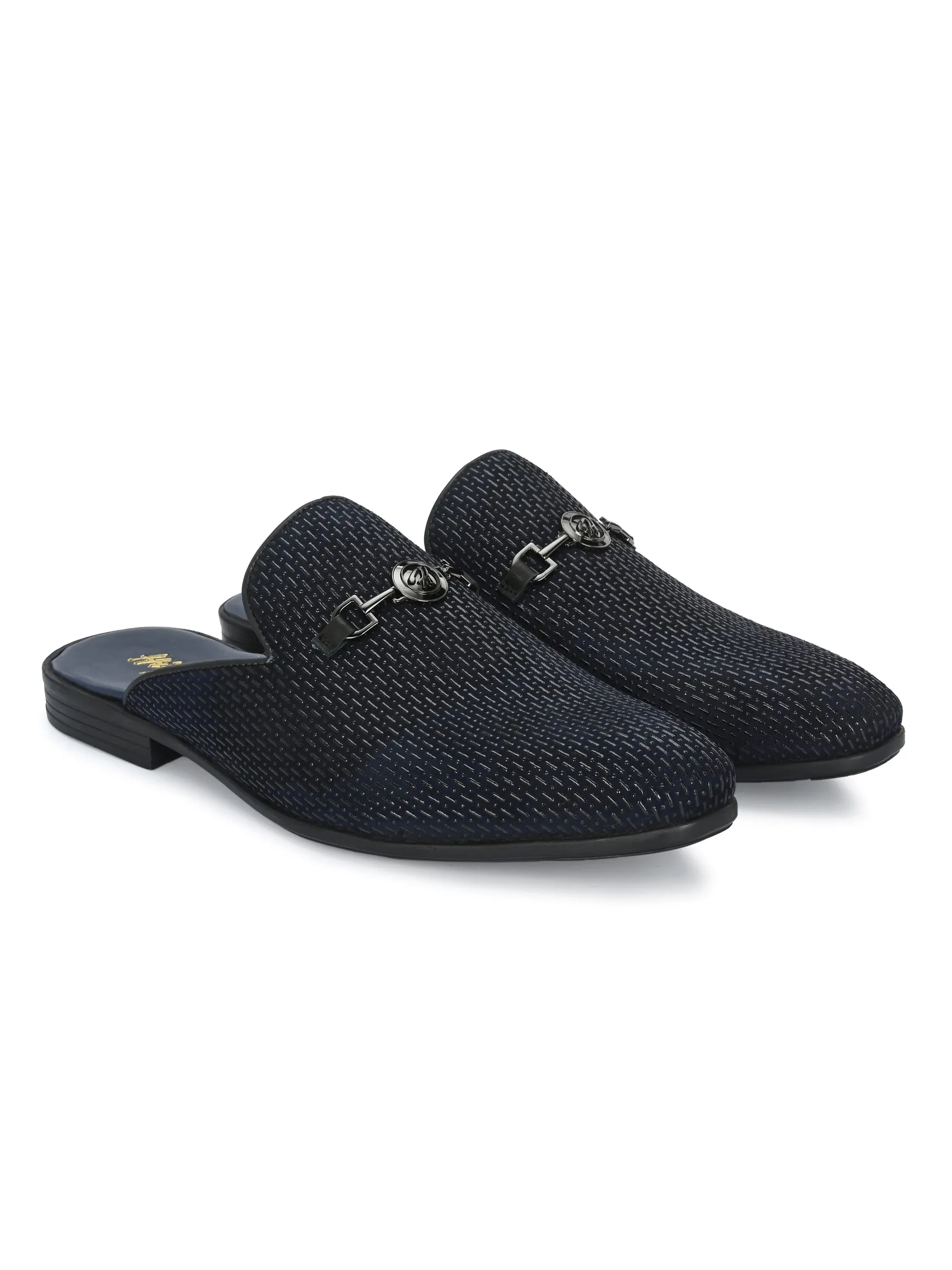 Hitz Men's Blue Leather Half Shoes Ethnic Wear Mule Shoes