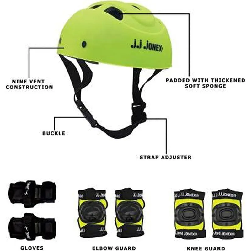 JJ Jonex Gold Adjustable Skates Combo (Green PVC Helmet   Knee pad   Elbow pad   Gloves   Key   Bag) (MYC) | Large | 11 Years and Above