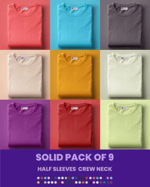 Solid Pack of 9: Half Sleeves Crew Neck