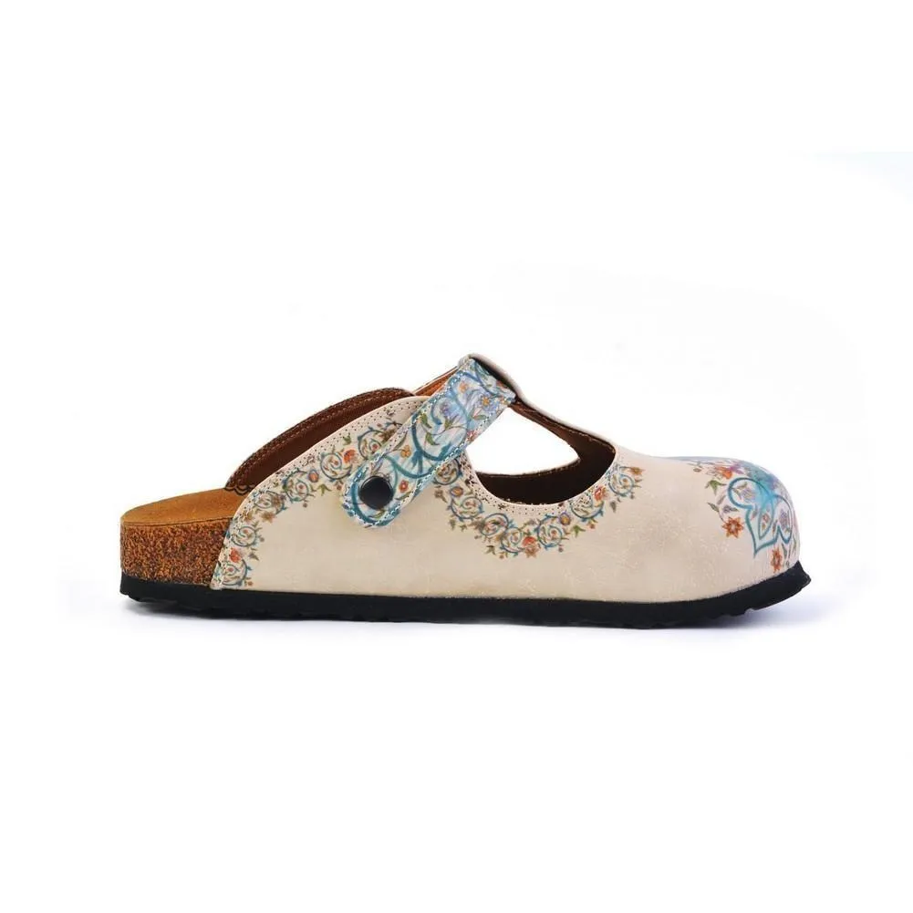 White & Blue Floral T-Strap Mule CAL1501