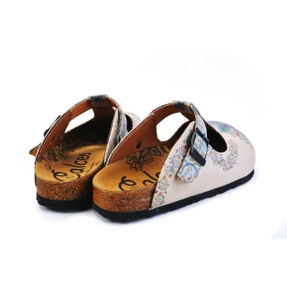 White & Blue Floral T-Strap Mule CAL1501