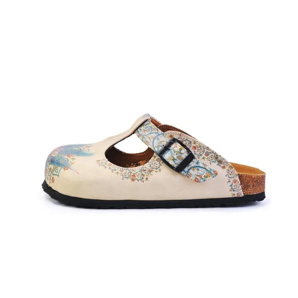 White & Blue Floral T-Strap Mule CAL1501