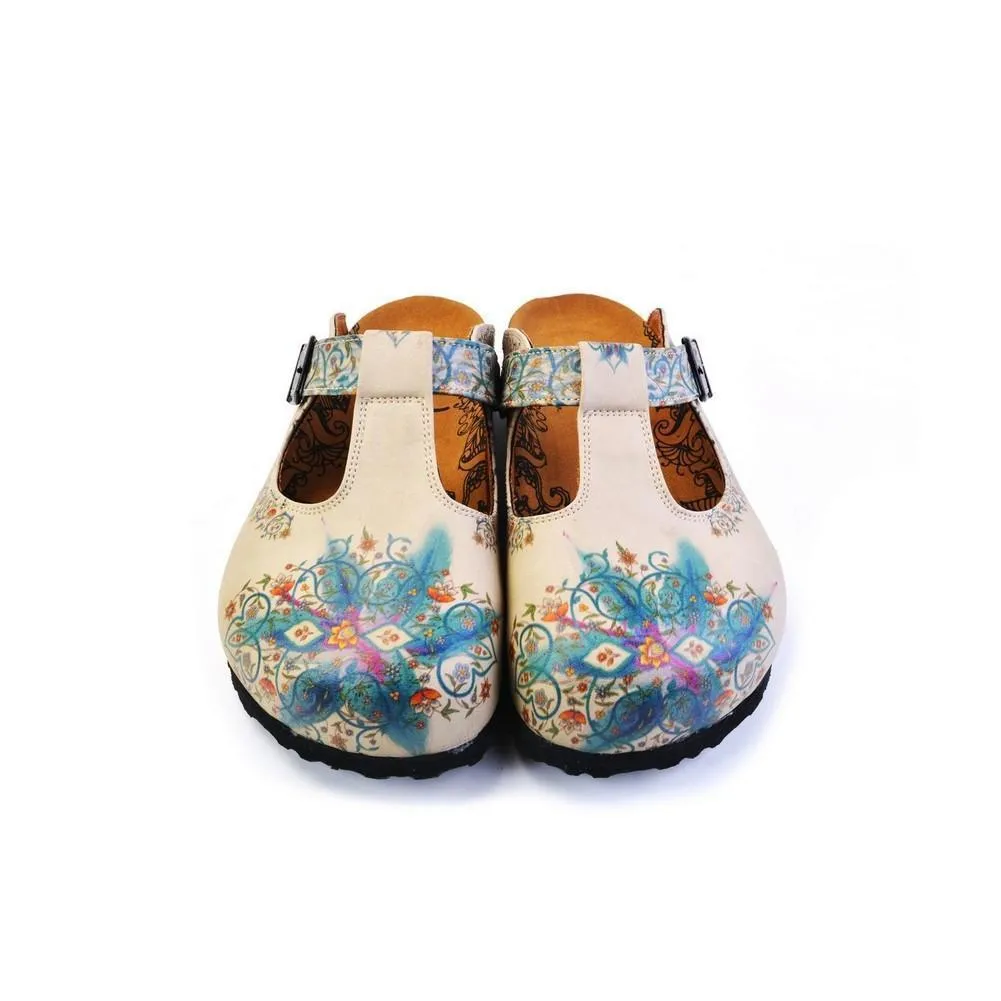 White & Blue Floral T-Strap Mule CAL1501