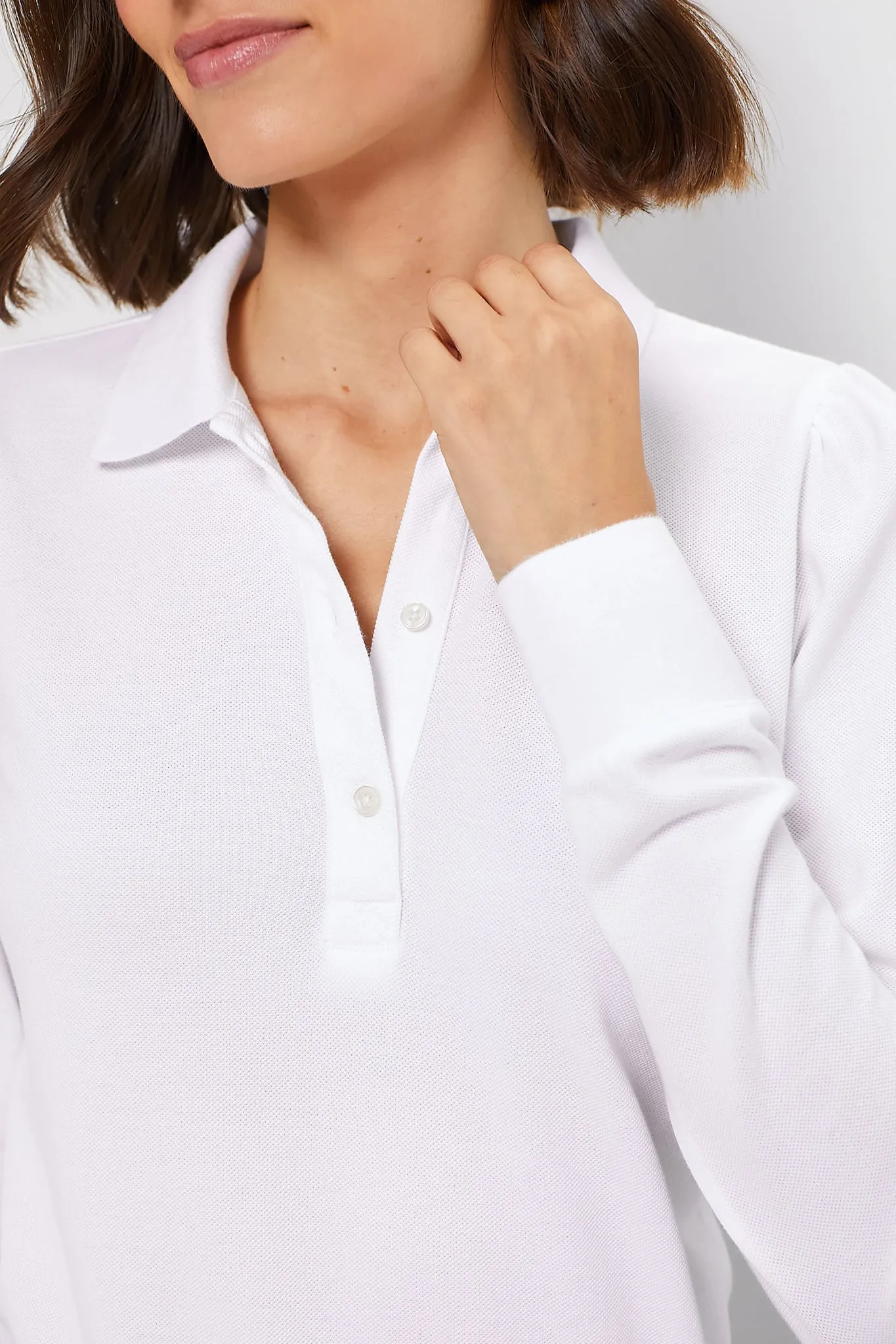 White Long Sleeve Pique Puff Sleeve Peggy Polo