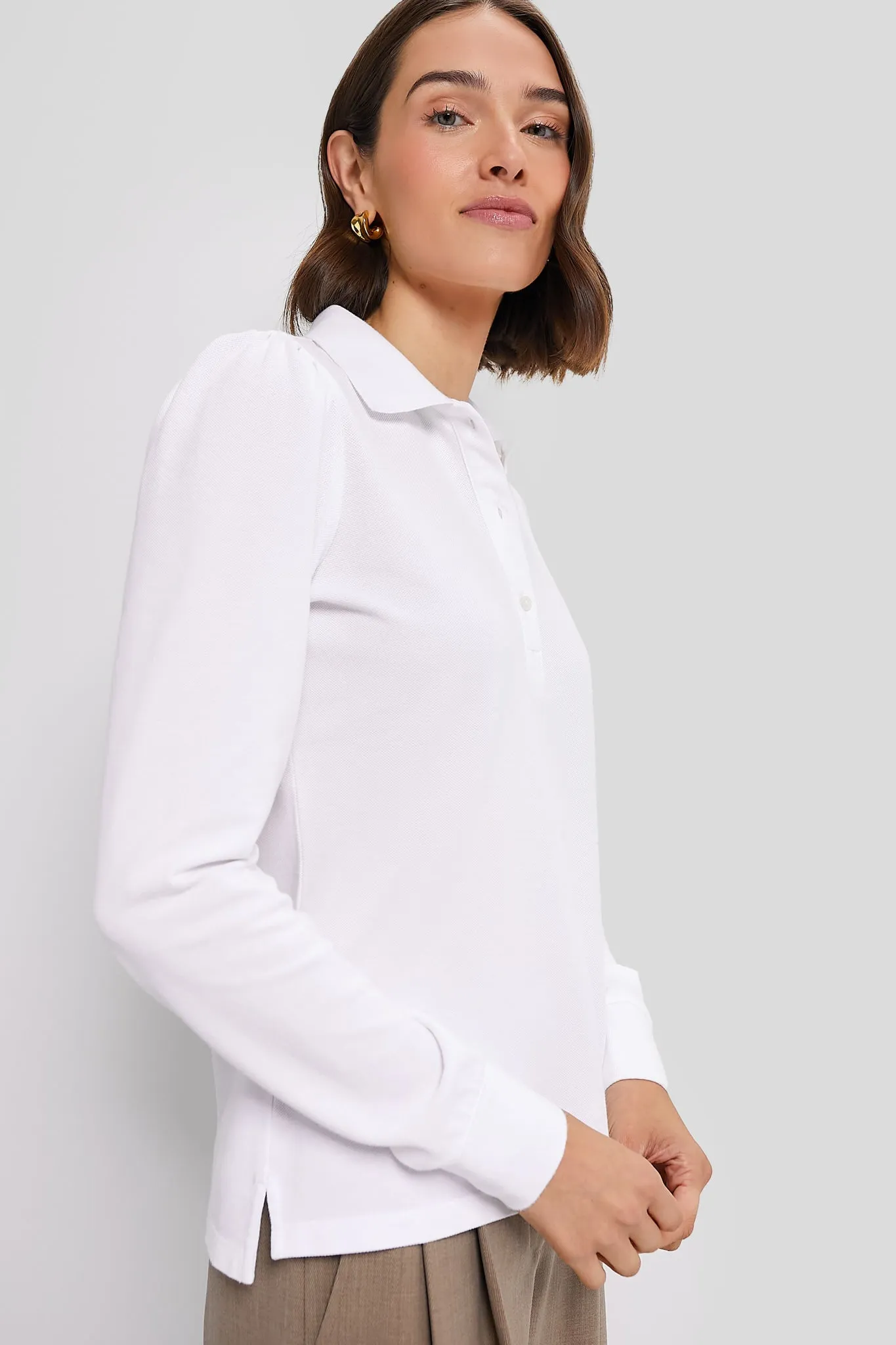 White Long Sleeve Pique Puff Sleeve Peggy Polo