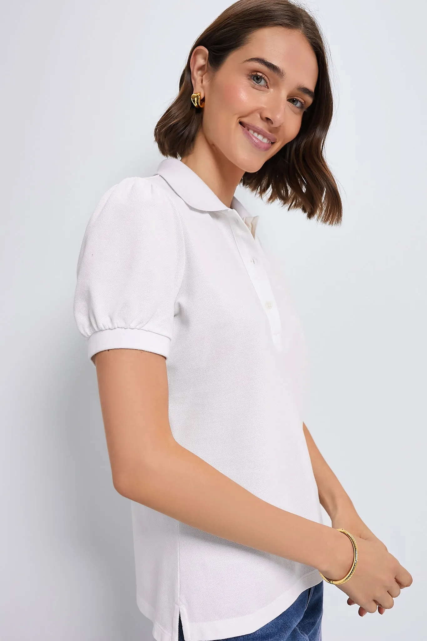 White Pique Puff Sleeve Peggy Polo